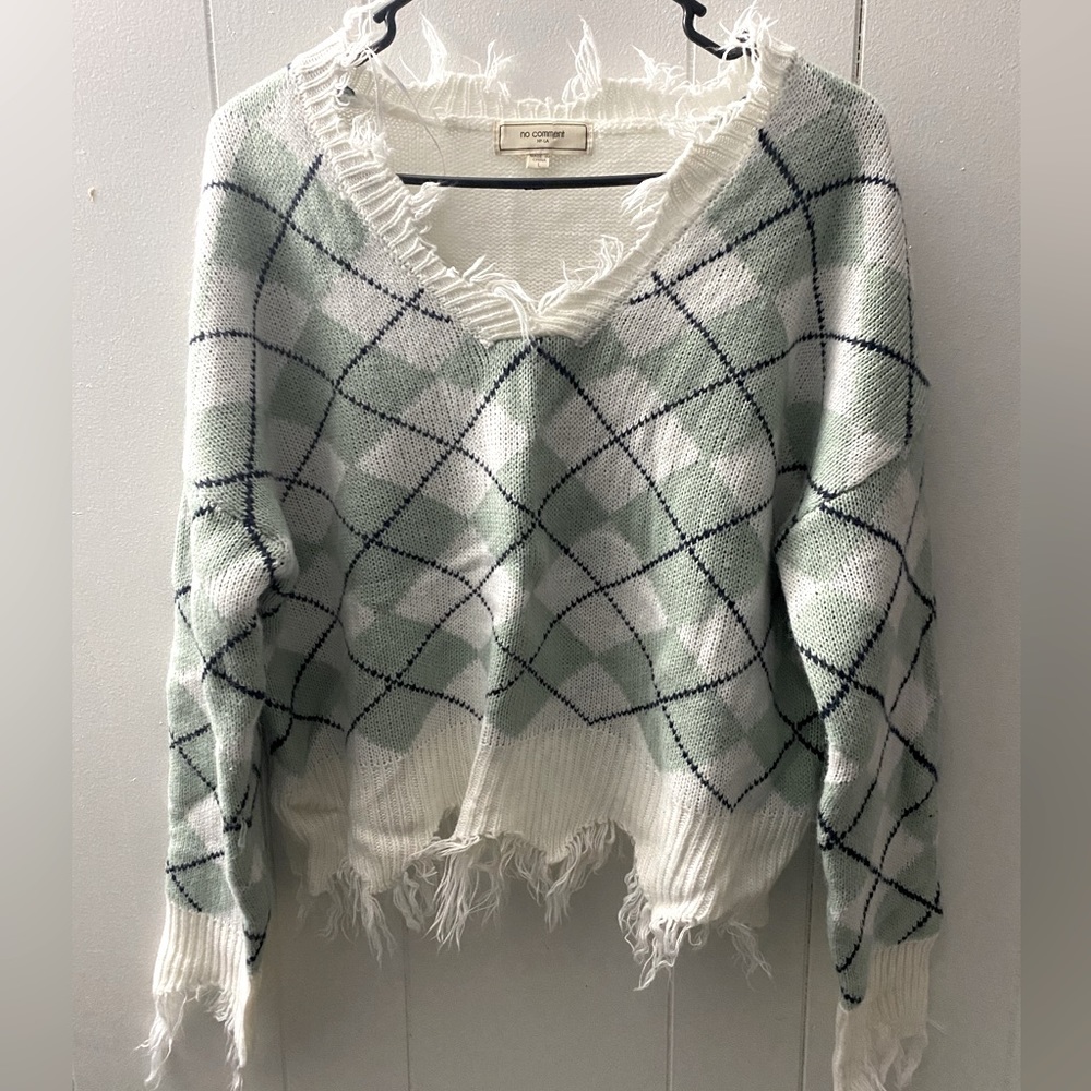 No Comment Y2K Distressed Plaid Cropped V- Neck Trendy Sweater
